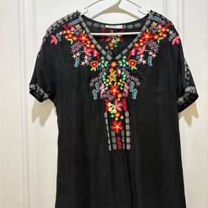 Aris Black Top with Colorful Floral Embroidery